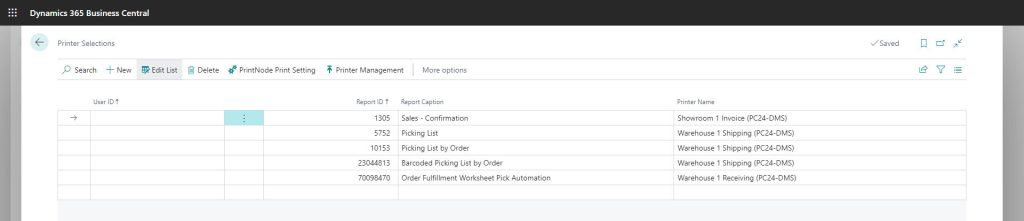Business Central Printer Selections