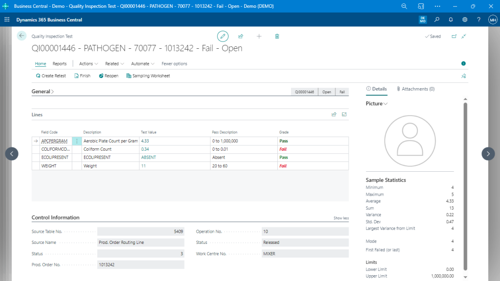 Quality Inspection Test Details