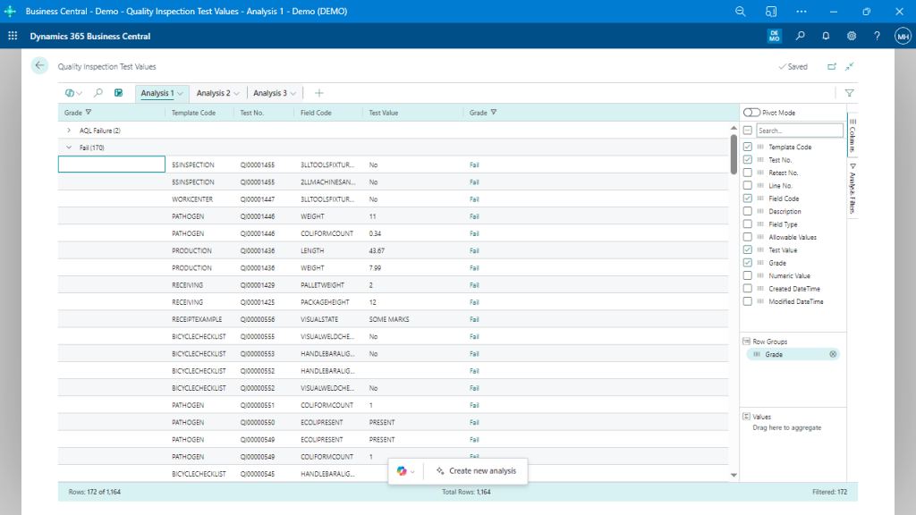 Quality Inspection Test Values