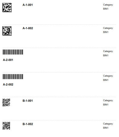 Warehouse Insight sample bin labels showing Data Matrix, QR and linear barcodes for warehouse locations in Business Central.