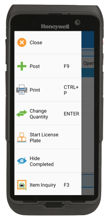 Warehouse Insight device menu showing the Print option for printing warehouse labels from Business Central.