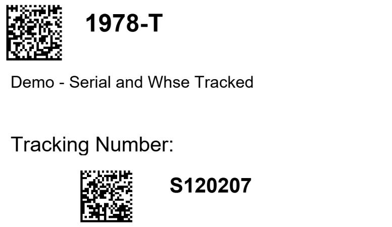 Warehouse Insight sample item label with Data Matrix barcodes and a serial tracking number for Business Central inventory.