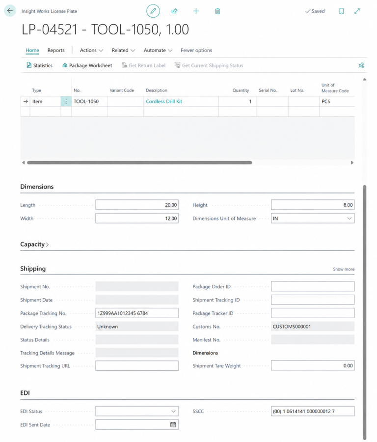 Microsoft Dynamics 365 Business Central license plate record showing SSCC and package tracking number fields